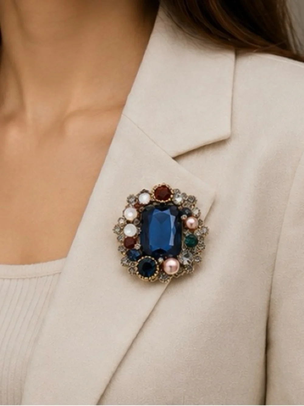 Vintage Navy Blue Crystal Brooch | Multicolor Rhinestone Statement Pin | Antique